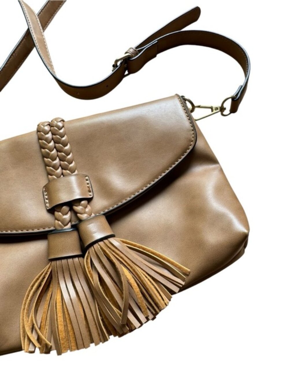 Women's Tan Brown Faux Leather Festival Boho Braided Tassel Crossbody Bag